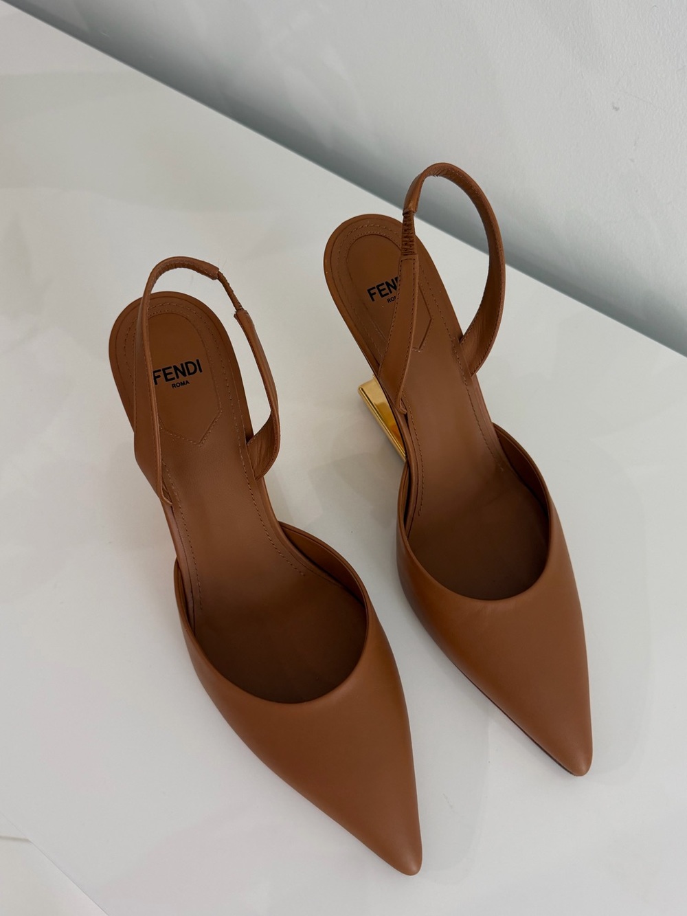 Fendi Brown Pointed Slingback Pumps with Gold Sculpted Heel - Picture 3 of 4